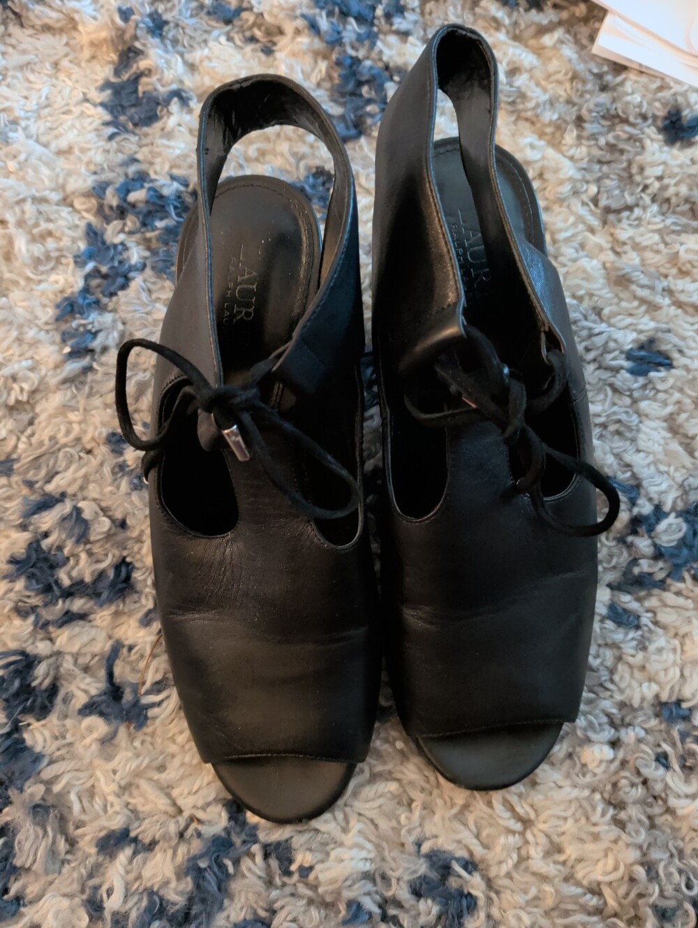 Black Lauren Ralph Lauren Black Leather Peep-Toe Slingback Heels -